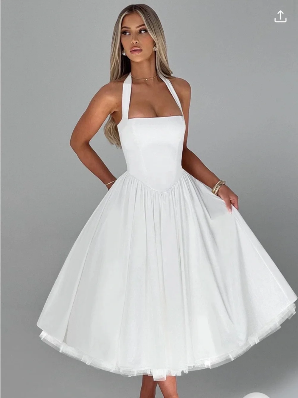 White Halter Midi Dress with Full Skirt - Picture 1 of 4